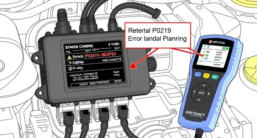 A detailed illustration of an engine control unit (ECU) with diagnostic tools connected, highlighting a potential P0219 error code. The background should be a clean, technical environment.