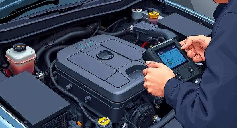 A close-up, detailed illustration of a car's engine bay with a mechanic inspecting the engine using an OBD-II scanner. Focus on the engine components, wiring, and the scanner interface. The background should be slightly blurred to emphasize the engine and mechanic.