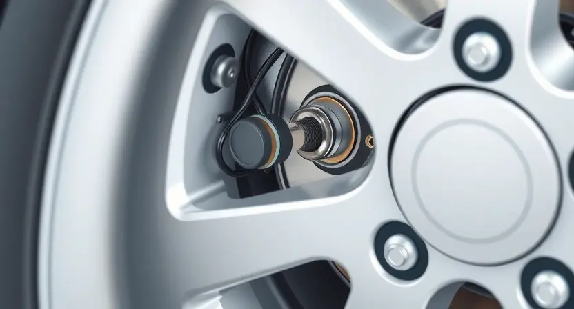 A close-up, detailed illustration of a car's wheel well, focusing on the position sensor and related wiring. The sensor should be clearly visible, and the wiring should be neatly organized. The background should be slightly blurred to emphasize the sensor. The overall lighting should be bright and even, highlighting the components.