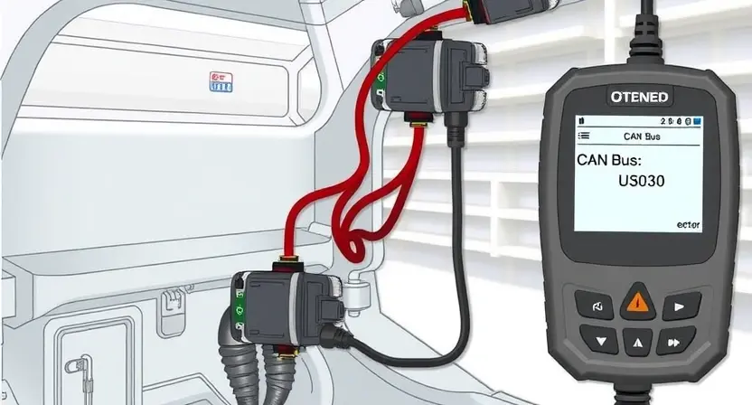 A detailed illustration of an electric vehicle's CAN bus system. The image should clearly show the CAN bus wiring, connectors, and a visual representation of a break in the circuit. Include a close-up of a diagnostic tool connected to the CAN bus, displaying an error code (U3030). The background should be a clean, technical environment, like a workshop or laboratory.