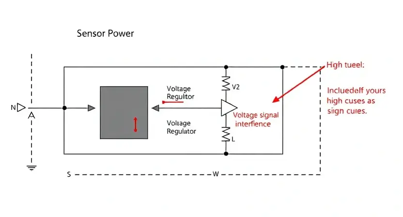 A detailed schematic diagram of a sensor power circuit, highlighting the voltage regulator and potential signal interference points. Include visual cues indicating a high voltage level.
