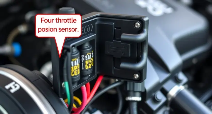 A close-up, detailed illustration of an engine control unit (ECU) with highlighted sensor connections and wiring. Focus on the area related to the throttle position sensor. The background should be a slightly blurred automotive engine bay.