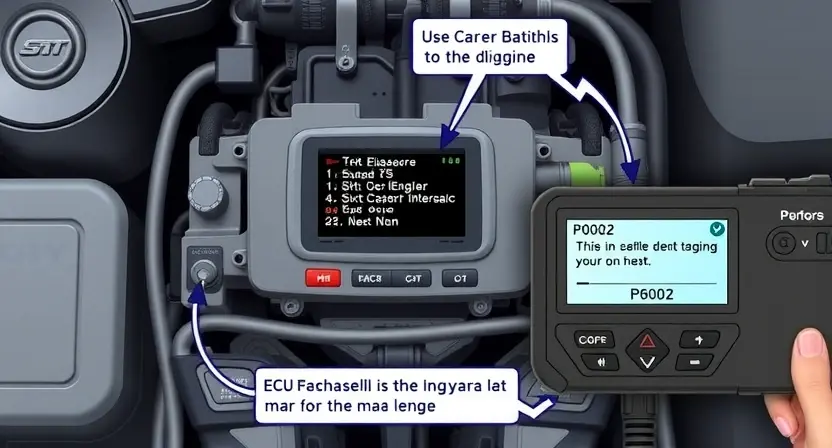 A detailed illustration of a car's engine control unit (ECU) with various diagnostic tools connected, highlighting potential areas of malfunction. Focus on the ECU's display showing error codes, and a visual representation of the P0602 error message.