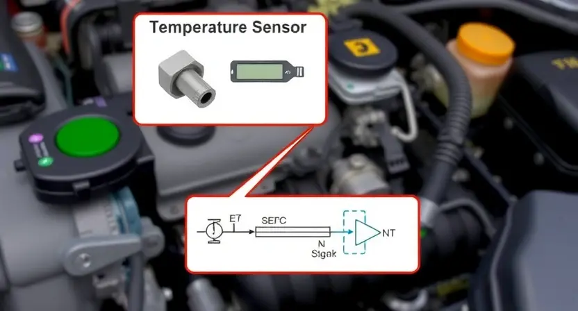 A detailed illustration of an automotive engine bay, focusing on the temperature sensor and its wiring. The sensor should be clearly visible, along with diagnostic tools and a schematic diagram showing the signal flow. The background should be slightly blurred to emphasize the sensor.