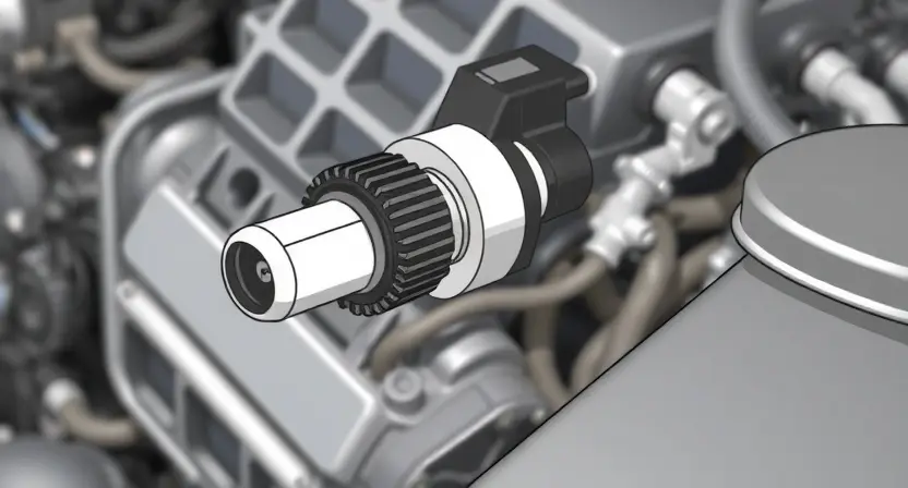 A close-up, detailed illustration of a car engine's coolant temperature sensor. The sensor should be clearly visible, with surrounding engine components subtly blurred in the background. Focus on the sensor's physical appearance – its connectors, wiring, and any identifying markings. The overall lighting should be bright and even, highlighting the sensor's details. The image should convey a sense of technical precision and clarity.