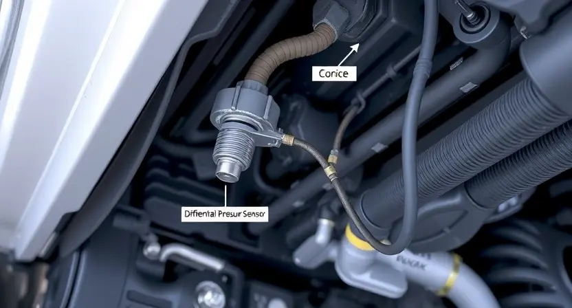 A close-up, detailed illustration of a car's undercarriage, specifically focusing on the differential pressure sensor and its associated hoses and connections. The sensor should be clearly visible, with labels indicating its function. The background should be a slightly blurred view of the engine compartment. Focus on mechanical components and wiring.
