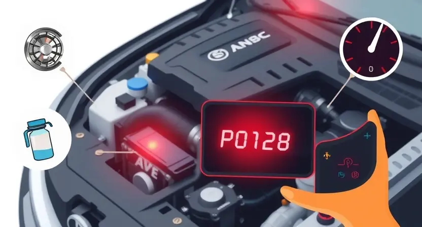 A high-quality technical illustration showing a car engine with a glowing check engine light and a diagnostic scanner displaying error code P0128, surrounded by icons of thermostat, coolant, and temperature gauge, clean white background, professional automotive repair style