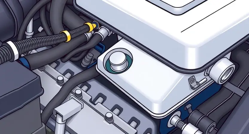 A close-up, detailed illustration of an engine bay with a focus on the coolant temperature sensor. The sensor should be clearly visible, along with surrounding hoses and engine components. Use bright, clean colors to highlight the sensor's location. The overall image should convey a sense of technical precision and clarity.