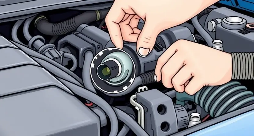A close-up, detailed illustration of a car engine bay with a mechanic inspecting the intake air temperature sensor. The sensor should be clearly visible, along with surrounding engine components like hoses and wires. Focus on the sensor's location and connection points. The overall scene should convey a sense of professional automotive diagnostics.