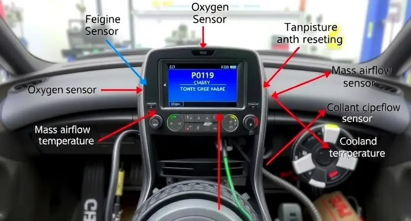 A detailed diagram illustrating a car's engine control unit (ECU) and its connection to various sensors (e.g., oxygen sensor, mass airflow sensor, coolant temperature sensor). Highlight the P0119 error code within the ECU display. Show arrows indicating the flow of data between the sensors and the ECU. The background should be a clean, professional automotive workshop setting.