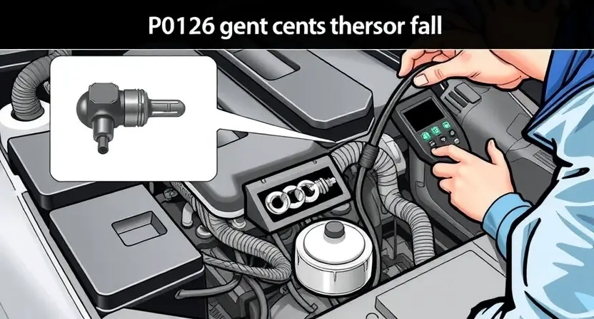 A detailed illustration of a car engine with a highlighted sensor or component related to the P0126 error code, showing the engine's cooling system and thermostat area. The image should depict a mechanic or technician inspecting the engine with diagnostic tools, emphasizing the troubleshooting process.