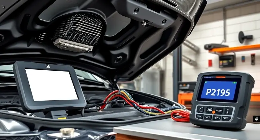 A realistic high‑resolution illustration of a modern garage scene where a mechanic is inspecting a car's engine bay, focusing on the oxygen sensor and its wiring that can cause error P2195. The diagnostic scanner is placed on a workbench nearby, showing a generic diagnostic display without any readable text. The environment includes typical automotive tools, a clean workshop background, and subtle visual cues indicating regular maintenance and troubleshooting.