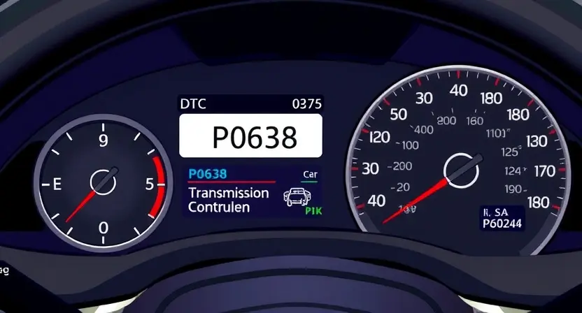 A detailed illustration of a car's dashboard with a diagnostic trouble code (DTC) display showing P0638. The display should clearly show the code and a brief explanation. Include visual cues representing the affected system (e.g., a symbol for the transmission or engine control unit). The background should be a realistic car interior setting.