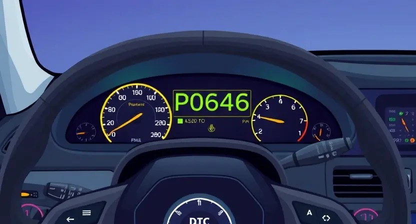 A detailed illustration of a car's dashboard with a diagnostic trouble code (DTC) display showing 'P0646'. The dashboard should be brightly lit and clearly show the error message. Include relevant car components like the steering wheel, instrument cluster, and air vents.