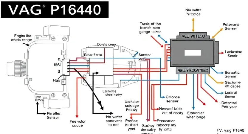 A detailed diagram illustrating the VAG P1640 error in a car's engine control unit (ECU). The diagram should highlight the relevant components: the ECU, the engine, and the associated sensors and wiring. Use clear, concise labels and arrows to show the data flow and potential points of failure. Focus on the electrical system and diagnostic process.