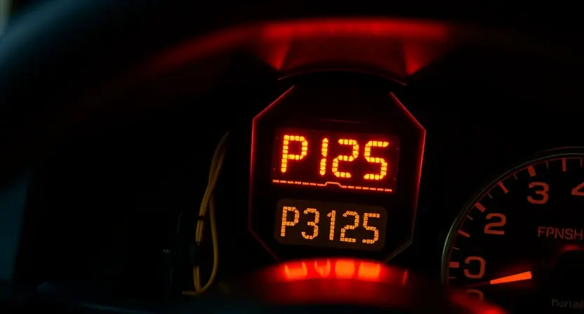 A close-up of a car dashboard with a glowing check engine light displaying the error code P3125 on a digital screen, surrounded by subtle mechanical components like wires and sensors, in a dimly lit garage environment with soft ambient lighting, realistic textures, and high detail