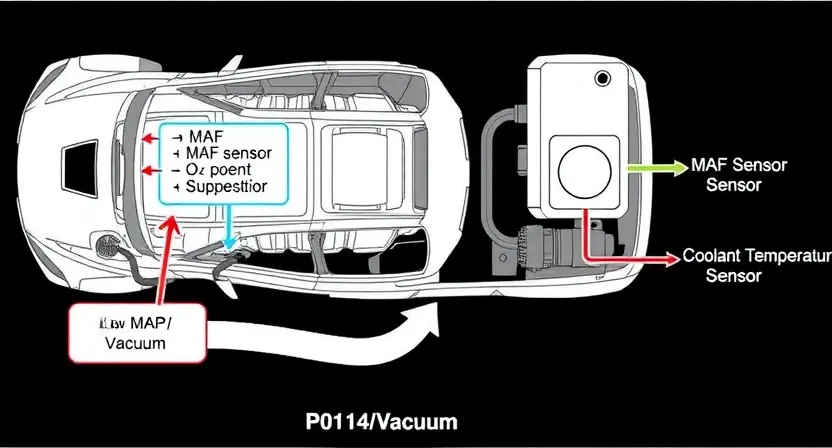 A detailed diagram illustrating a car's engine control system, highlighting the relevant sensors (e.g., MAF sensor, O2 sensor, coolant temperature sensor) and their connections to the engine computer (ECU). Arrows should indicate the flow of data and the system's feedback loop. Focus on the components related to the P0114 error code (Low MAP/Vacuum). The diagram should be clean, professional, and easy to understand, suitable for a technical manual.