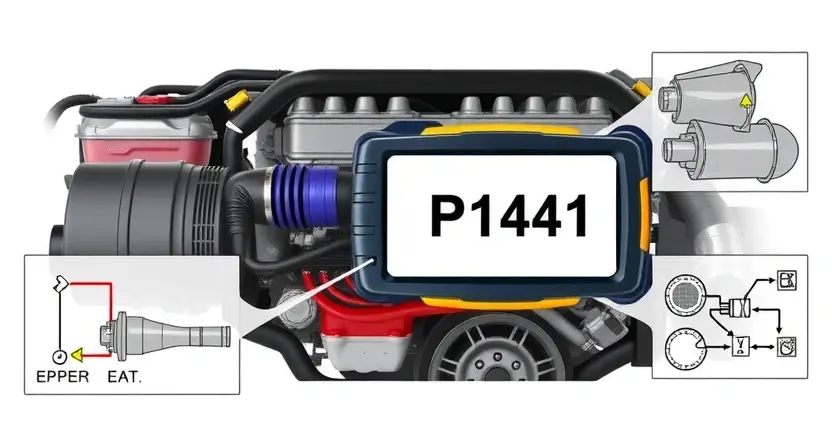 A high-quality technical illustration showing a car engine with a highlighted diagnostic scanner displaying error code P1441, surrounded by schematic diagrams of fuel injection and exhaust systems, clean white background, professional automotive repair style