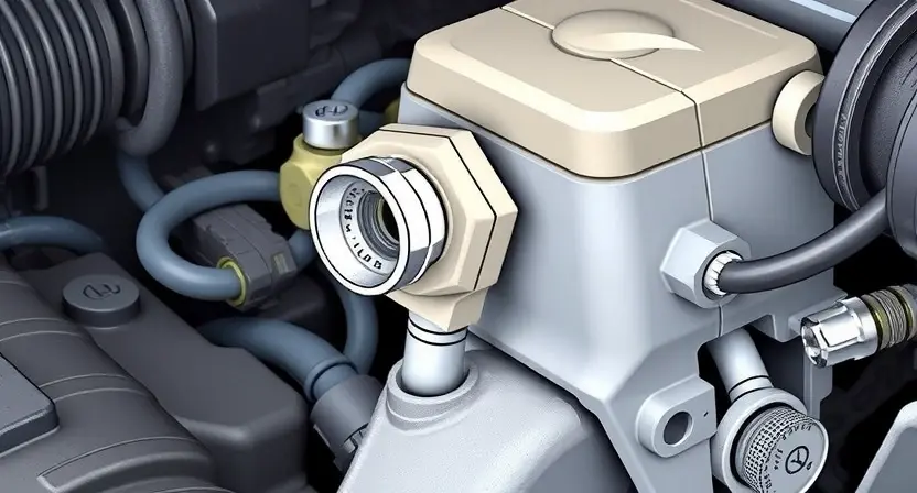 A close-up, detailed illustration of a car engine bay, focusing on the engine temperature sensor and its wiring. The sensor should be clearly visible, along with surrounding components like hoses and brackets. The overall lighting should be bright and clean, emphasizing the mechanical details.