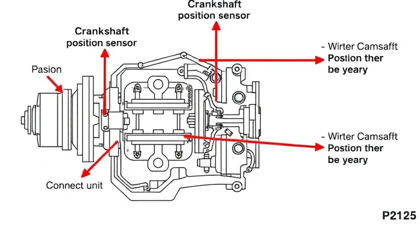 A detailed diagram illustrating the P2125 error in a car engine. The diagram should show the crankshaft position sensor, the camshaft position sensor, the engine control unit (ECU), and the relevant wiring connections. Arrows should indicate the flow of data and potential points of failure. Focus on the mechanical components and electrical connections involved in the error.