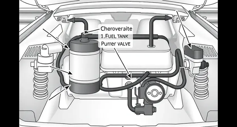A detailed illustration of a car's EVAP system components, including the charcoal canister, fuel tank, vapor lines, and purge valve. The components should be clearly labeled with arrows pointing to each part. The background should be a clean, white automotive workshop setting. Focus on the system's interconnectedness and the flow of fuel vapors.