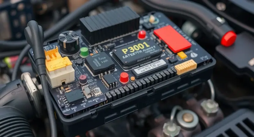 A close-up, detailed illustration of a car's Battery ECU (Electronic Control Unit). The ECU should be clearly visible, showing its various connectors, chips, and internal components. Focus on the area where the P3001 error might be related. The background should be a slightly blurred automotive interior setting, suggesting a vehicle's engine compartment.