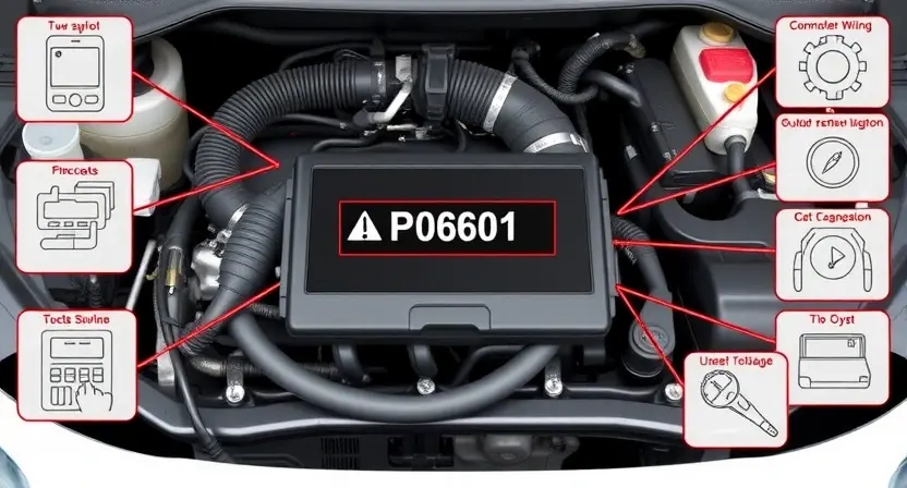 A detailed illustration of a car's engine control unit (ECU) with wiring diagrams and diagnostic tools surrounding it. Focus on the P0601 error code highlighted on a display.