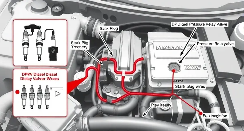 A high-quality technical illustration showing a Mazda vehicle's ignition system with clear visual emphasis on the DPRV (Diesel Pressure Relay Valve) circuit and spark plug wires, featuring clean technical diagrams, labeled components, and professional engineering artwork style