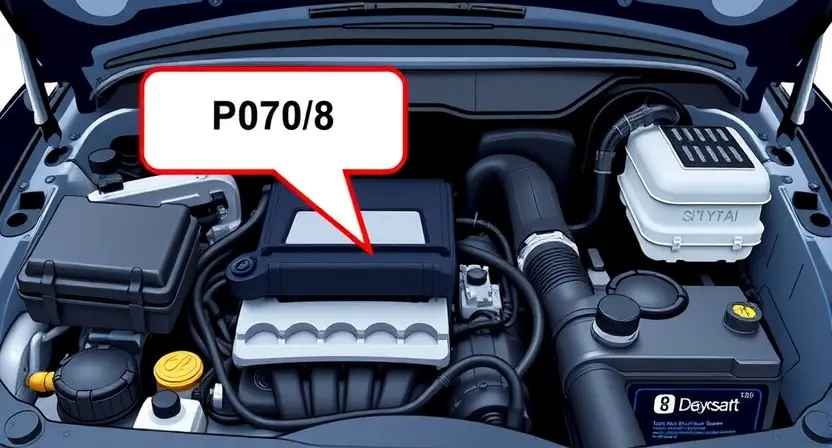 A detailed illustration of a car's engine bay, highlighting the P0708 error code indicator light on the dashboard. Focus on the diagnostic tools and components related to the issue, such as the vehicle's computer, sensors, and wiring. The image should convey a sense of technical precision and automotive repair.