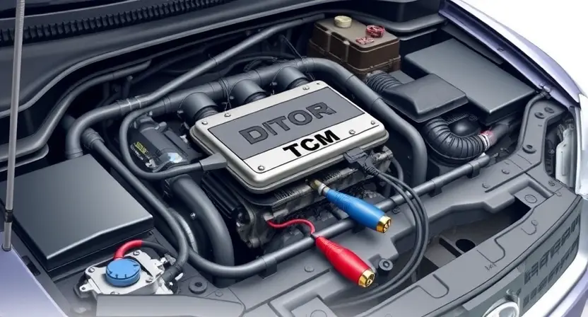 A detailed illustration of a car's engine bay, focusing on the transmission control module (TCM) and related wiring. The TCM should be clearly visible, with diagnostic tools connected to it. The background should be slightly blurred to emphasize the TCM.