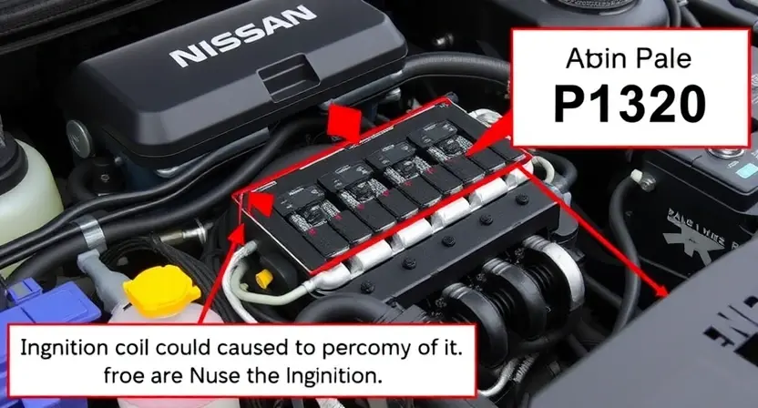A detailed close-up of a Nissan car engine with a focus on the ignition system, highlighting the components that could cause the P1320 error. The image should show the ignition coils, spark plugs, and wiring harness in a well-lit, technical setting to emphasize the diagnostic process.