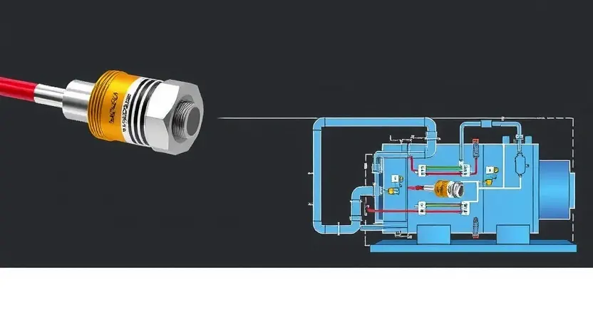 A detailed technical illustration of a temperature sensor integrated into a regenerator unit. The sensor should be clearly visible, showing its physical components and connections. The regenerator unit should be depicted in a simplified, schematic style, highlighting the flow of material and the sensor's placement within the system. Focus on clarity and technical accuracy, emphasizing the sensor's role in monitoring temperature.