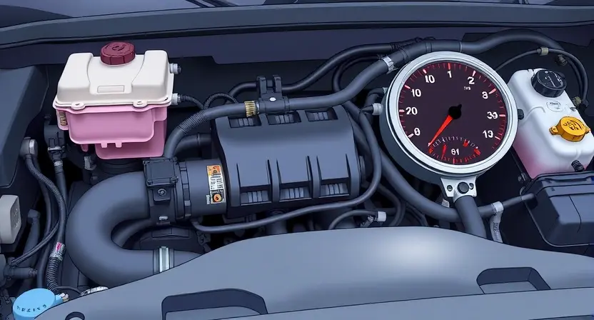 A detailed illustration of an automotive engine bay, focusing on the P0206 error code indicator light. The engine should be partially visible, showcasing various components like hoses, wires, and sensors. The error light should be prominently displayed on the dashboard. The overall lighting should be bright and clear, highlighting the details of the engine and the error indicator.
