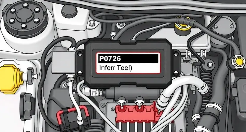 A detailed illustration of a car's engine control unit (ECU) with various sensors and wiring. Highlight the P0726 error code indicator. The background should be a clean, technical environment.