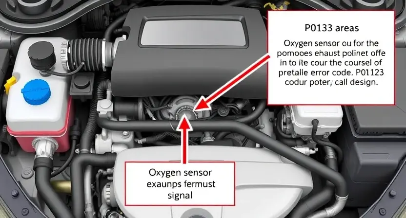 A detailed diagram illustrating a car's engine with a focus on the oxygen sensor and its connection to the engine control unit (ECU). Arrows should indicate the flow of exhaust gases and the sensor's signal. Highlight potential problem areas related to the P0123 error code. The overall image should be clean, informative, and visually appealing, suitable for a repair manual.