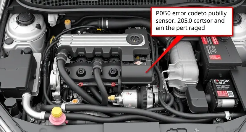 A detailed illustration of a car's engine bay with various sensors, hoses, and components clearly visible. Focus on the area related to the P0550 error code, highlighting the relevant parts.