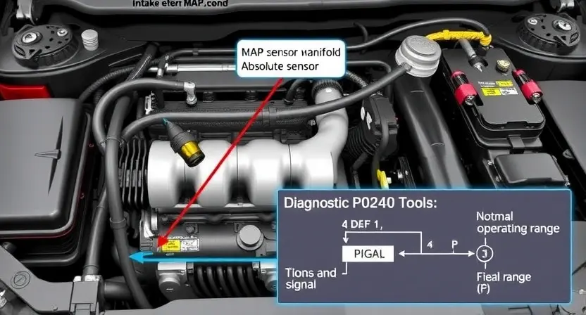 A detailed illustration of an automotive engine bay, focusing on the intake manifold and associated components. Highlight the MAP sensor (Manifold Absolute Pressure sensor) and its wiring. Show a visual representation of the sensor's signal range, with the signal falling outside the normal operating range. Include diagnostic tools and a schematic diagram illustrating the P0240 error code and its potential causes.