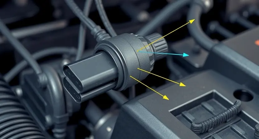 A close-up, detailed illustration of a car's mass airflow sensor (MAP sensor) with visible wiring and connections. The sensor should be highlighted, and a subtle visual representation of high voltage (e.g., faint glowing lines) should emanate from the sensor to indicate the P0108 error. The background should be a slightly blurred engine bay environment.