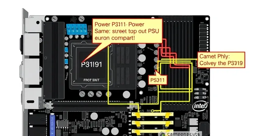A detailed schematic diagram illustrating a computer motherboard with a highlighted power supply unit (PSU) and associated components. Focus on the connections and circuitry related to the P3191 error code, visually representing the flow of power and potential points of failure. The image should be clean and technical, emphasizing clarity and accuracy.