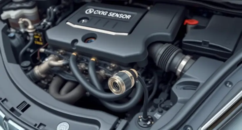 A detailed illustration of the engine bay of a modern car, highlighting the oxygen sensor (O2 sensor) and its location in the exhaust system. The image should clearly show the sensor's wiring and connection points. Focus on the area around the O2 sensor, emphasizing its physical appearance and integration with the engine components. The background should be slightly blurred to keep the focus on the sensor.