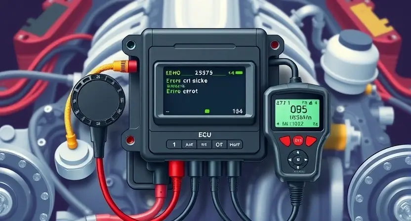 A detailed illustration of an engine control unit (ECU) with various diagnostic tools connected, highlighting a potential error code display. The background should be a workshop environment with automotive parts subtly visible. Focus on clarity and technical accuracy.