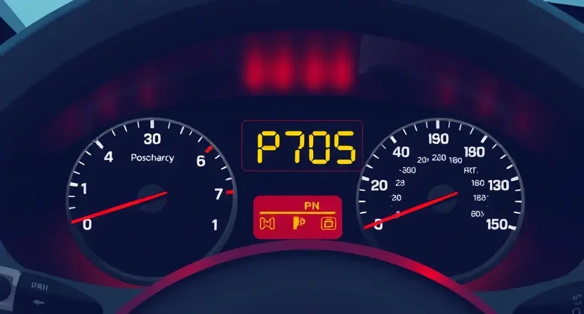 A detailed illustration of a car's dashboard with a diagnostic code display showing 'P0705'. The dashboard should be brightly lit, showcasing the various gauges and buttons. Focus on the code display being clearly visible and easily readable.