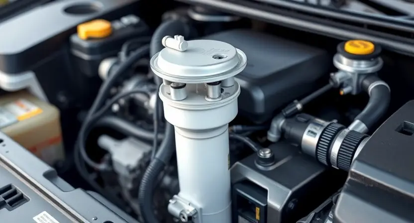 A close-up, detailed illustration of a car's engine bay. Focus on the fuel pump and related components. Use bright, clean colors to represent a healthy engine. The background should be slightly blurred to emphasize the engine.