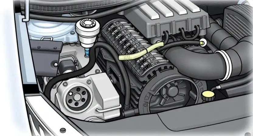 A detailed illustration of a car's engine bay, focusing on the oxygen sensor and related components. The image should clearly show the sensor's location and its connection to the engine. Include subtle visual cues indicating a potential malfunction, such as a slightly discolored sensor or a loose connection. The overall aesthetic should be clean and informative, suitable for a repair manual.