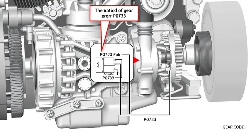 A detailed illustration of an engine's transmission system, highlighting the gear ratios and the potential for a P0733 error code. Include visual representations of the transmission components (gears, shafts, etc.) and a simplified schematic showing the data flow related to the error. Focus on clarity and technical accuracy.