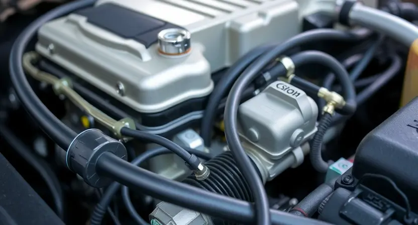 A close-up, detailed image of an engine bay with a focus on the engine's coolant temperature sensor and associated wiring. The sensor should be clearly visible, along with the surrounding hoses and components. The overall lighting should be bright and even, highlighting the details of the engine components.