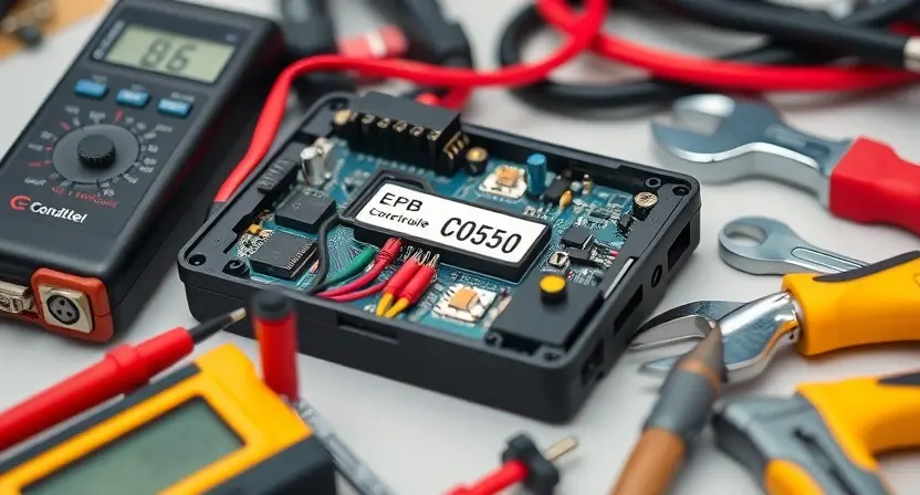 A close-up, detailed image of an EPB control module with a highlighted error code C0550. The module should be surrounded by various automotive repair tools like a multimeter, diagnostic scanner, and wrench. Focus on the electronic components and wiring within the module. The background should be a clean, well-lit workshop environment.