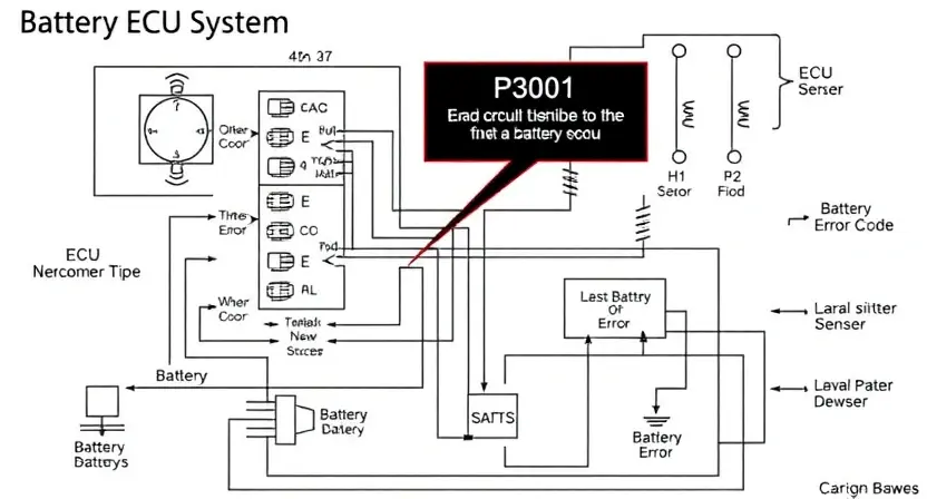 A detailed schematic diagram of a Battery ECU system, highlighting the P3001 error code location within the circuit. Include various components like the battery, ECU, sensors, and wiring, clearly labeled. The diagram should be clean, professional, and easy to understand, focusing on the electrical connections and potential points of failure related to the P3001 error.