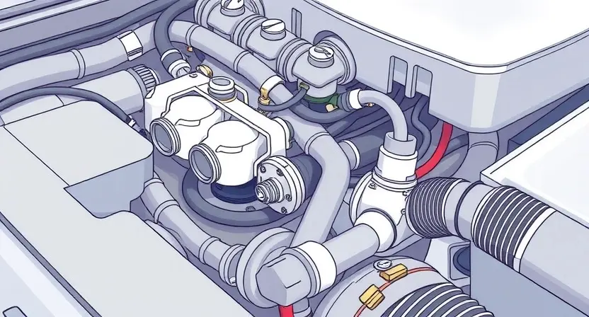 A detailed illustration of a car's engine bay, focusing on the solenoid control valve for pressure. The valve should be clearly visible, with wiring and hoses connected. Include visual cues indicating a potential malfunction, such as a slightly discolored component or a subtle visual representation of electrical interference.