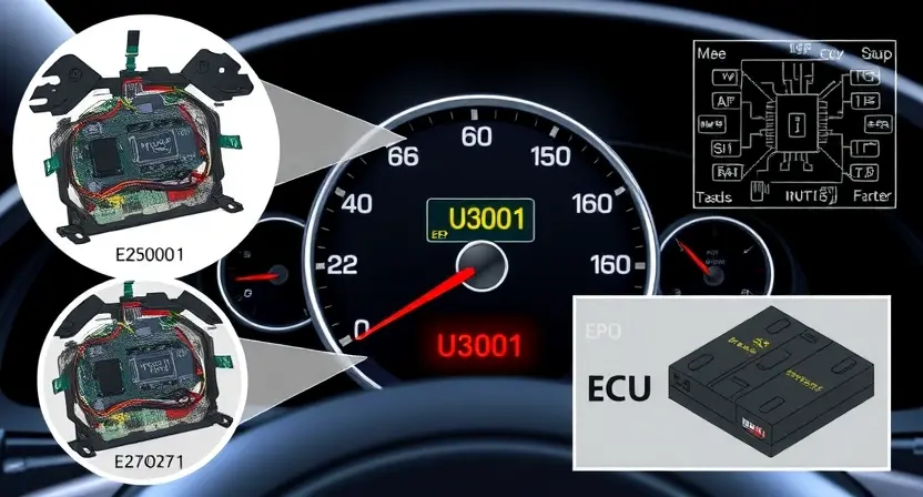 A detailed technical illustration showing a car's dashboard with a warning light indicating error U3001, surrounded by magnified views of electrical wiring, a battery, and an ECU (Engine Control Unit), with subtle circuit diagrams and diagnostic tool interfaces in the background, all rendered in a clean, professional, high-resolution technical style